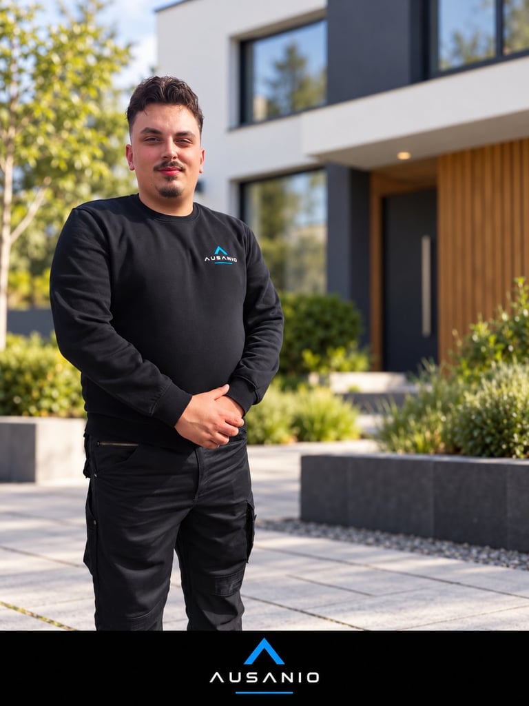 Mitarbeiter von Ausanio Reinigung in schwarzem AUSANIO-Pullover vor einem modernen Haus mit Garten