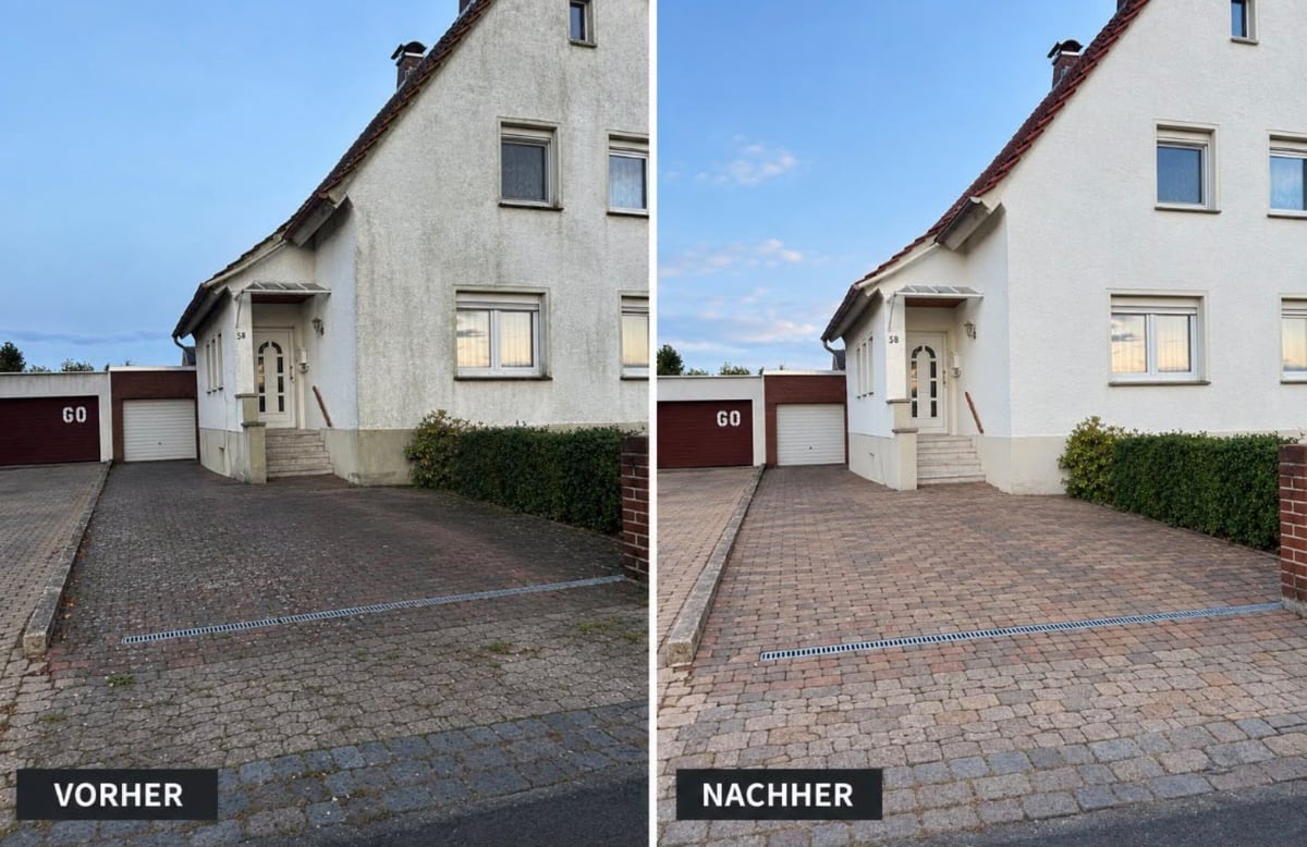 Außenreinigung Vorher-Nachher eines Wohnhauses mit Einfahrt