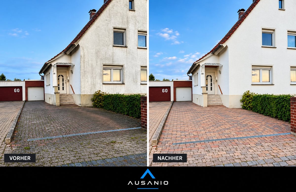 Vorher-Nachher-Vergleich einer Hausfassade nach professioneller Fassadenreinigung durch Ausanio Reinigung