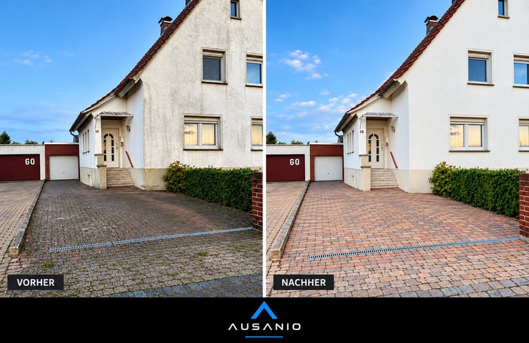 Vorher-Nachher-Vergleich einer Hausfassade nach Fassadenreinigung
