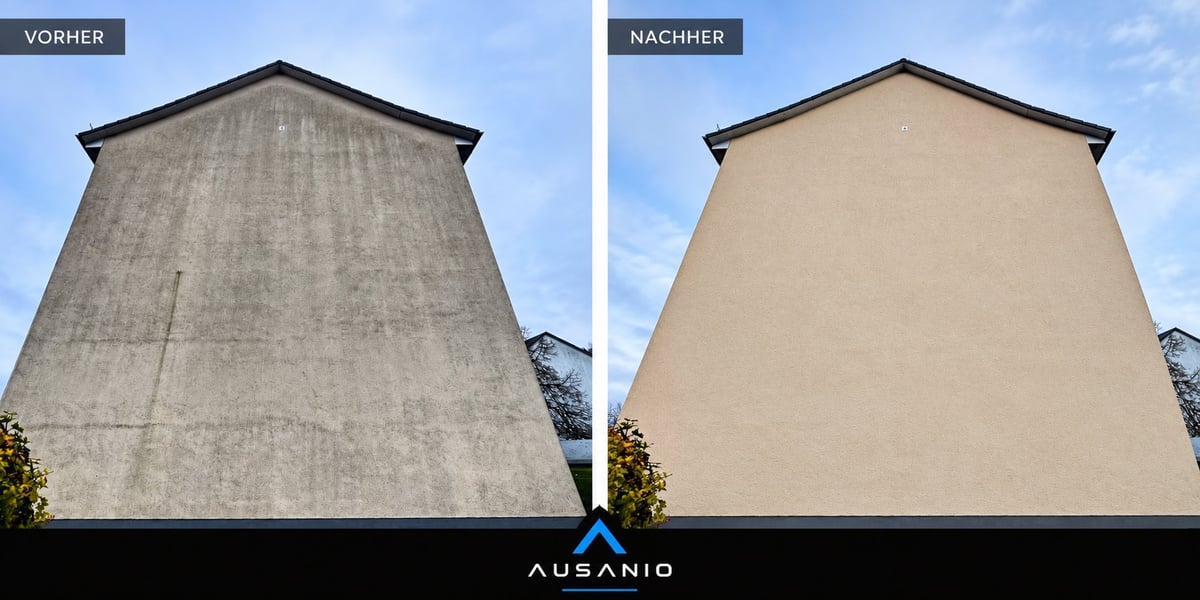 Fassadenreinigung Vorher-Nachher-Vergleich eines Betonbaus
